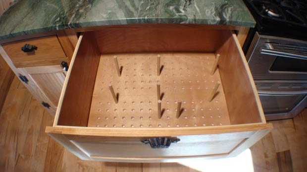 Handcrafted Soild Wood Hickory Kitchen Cabinets: Basic Slide Out Peg Board Drawer